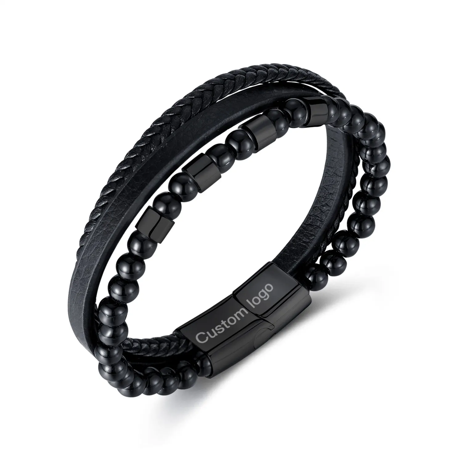 12Mm Hoge Kwaliteit Mode Eenvoudige Roestvrijstalen Zwarte Agaat Kralen Multi-Layer Gevlochten Magnetische Sluiting Lederen Armband Voor Mannen