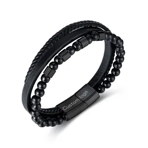 12MM High Quality Fashion Simple Stainless Steel Black Agate Beaded Multi-Layer Braided Magnetic Clasp Leather Bracelet For Men