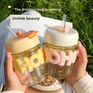 Gobelet à eau en verre transparent anti-fuite, esthétique de dessin animé, mignon, avec paille et perle, design fait main, 350 ml, motif de lettres - Product Image 6