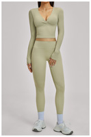 Set Atasan Yoga Kerah V Berkerut & Legging Wanita, Pakaian Olahraga Lengan Panjang Serbaguna untuk Fitness