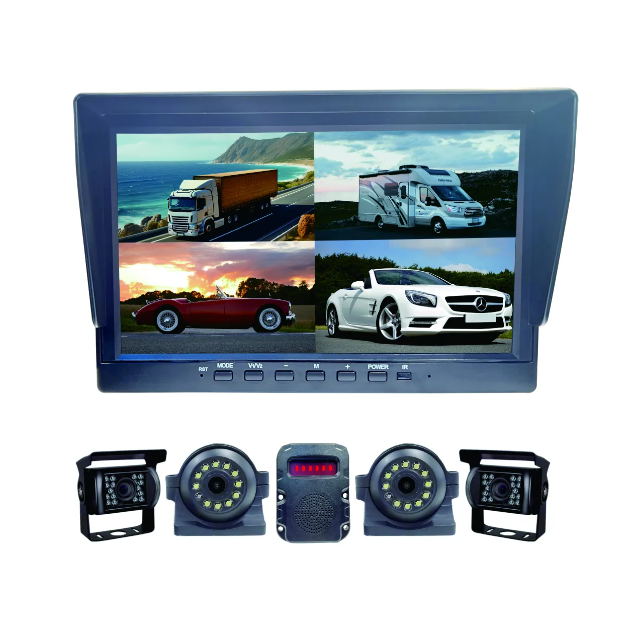 10 인치 HD 모니터 쿼드뷰 모션 감지 경보 자동차 트럭 버스 자동차 반전 이미지 디스플레이 대시 카메라 시스템