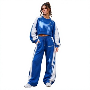 Ensemble survêtement décontracté pour femme, sweat-shirt court et pantalon large, color block bleu et blanc, streetwear, sportswear, personnalisable, marque privée - Product Image 1