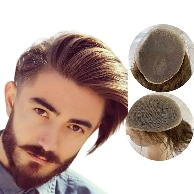 Toupet de mode pour hommes, vrais cheveux humains tout système de remplacement de cheveux en dentelle française 10X8 pouces