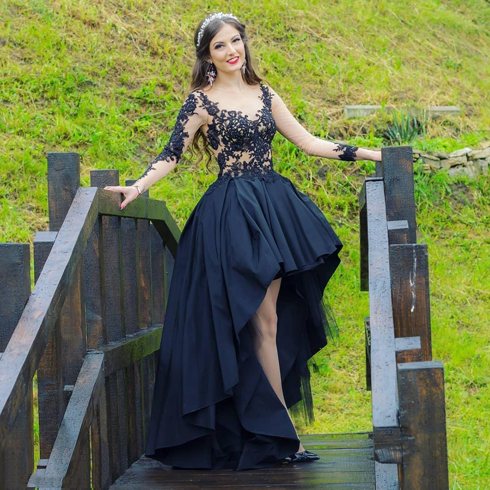 one sleeve black dress long One Shoulder Black Prom Dresses Lace Applique Beaded Long Sleeve Formal  Dresses ARD1201 main image 1