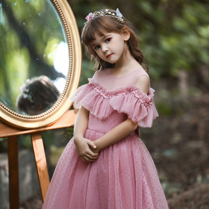 Girls' Tulle Polka Dot Maxi Dress O-Neck Ball Gown Princess Flower Girl Dress For Children Pink - Product Image 3