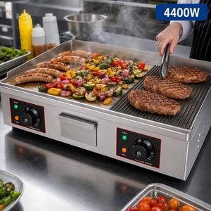 Durable 304 Stainless Steel Electric 1/3 Ribbed <b>Griddle</b> <b>Flat</b> <b>Top</b> with Oil Drawer Heavy Duty Countertop Grill for Commercial Use - Product Image 5
