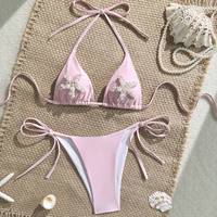 Op maat gemaakte roze bikiniset voor dames, sexy bikini met zeester- en pareldecoratie, halter badpak, strandkleding, badkleding, groothandel