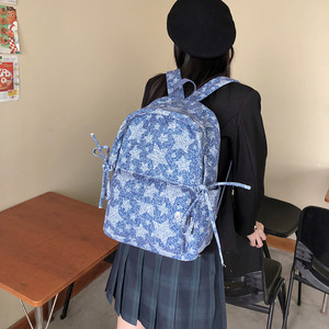 Denim <b>Backpack</b> For Female <b>Students</b> School Education Checkered Pattern Shoulder Strap Interior Zipper Pocket Summer 2024 - Product Image 3