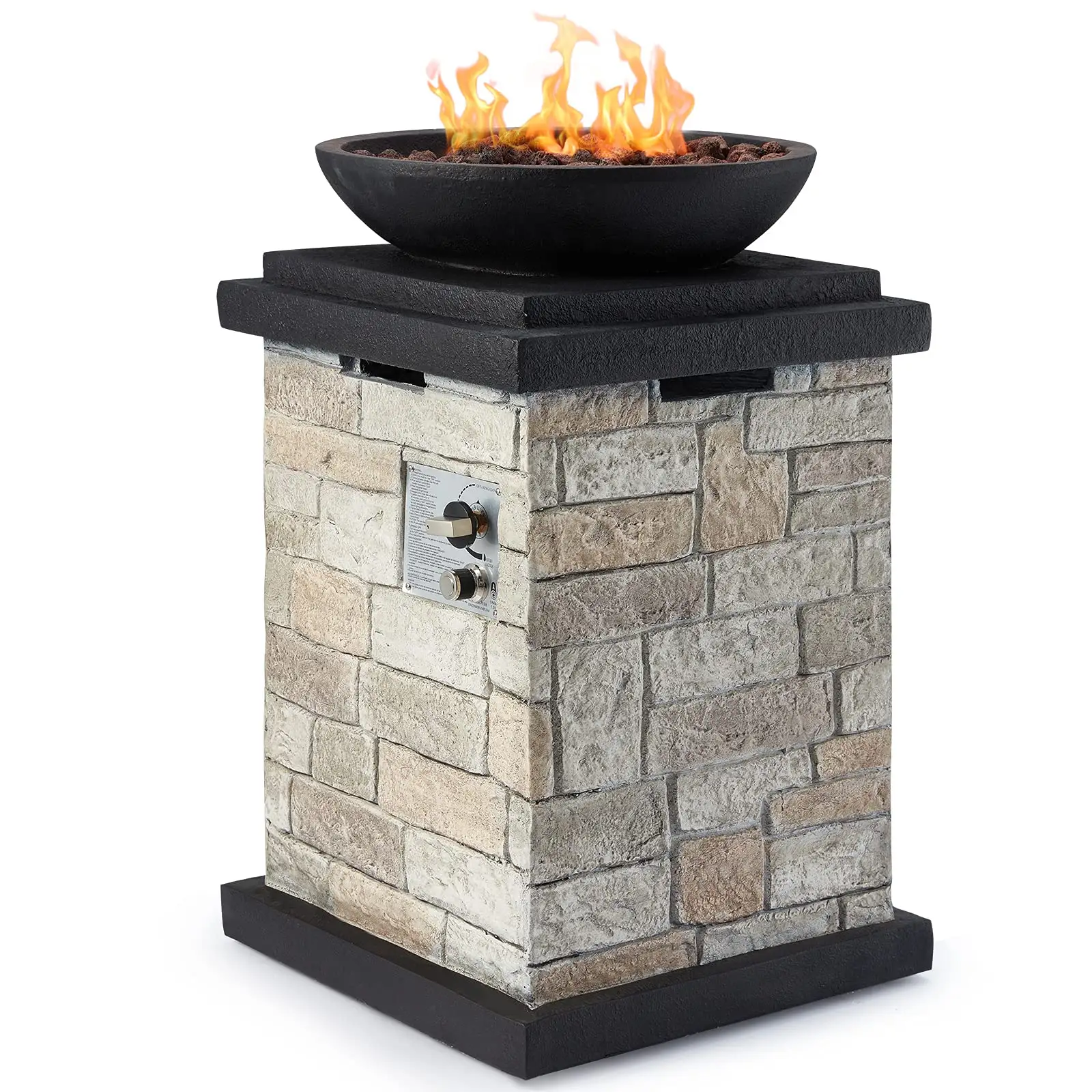 Propane Firebowl Column, 40000 BTU Outdoor Gas Fire Pit, Compact Ledgestone Firepit Table with Lava Rocks and Rain Cover