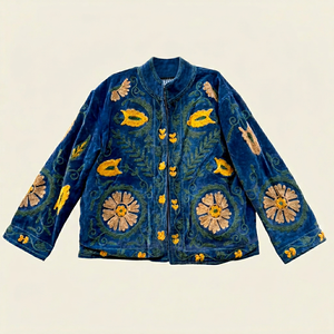 Chaqueta de terciopelo azul real premium para mujer, ropa étnica de invierno, manga larga, cuello mandarín, abrigo corto a precio de fábrica - Product Image 1