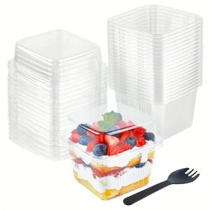 Wholesale Disposable Cake Cups Yogurt Parfait Containers Pudding Cups 8 oz Square <b>Clear</b> Plastic Dessert Cups with Lids and Spork - Product Image 1