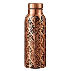 Handcrafted Copper <b>Water</b> <b>Bottle</b> with Carved Leaf Pattern and Lid Portable <b>Metal</b> Drinkware Flask - Product Image 1