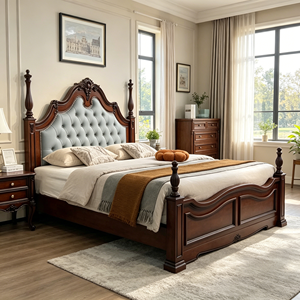 New Arrival Floral Carved Top Diamond Tufted Velvet Four Poster Solid Wood Bed with Simple Wooden Nightstands - Product Image 2