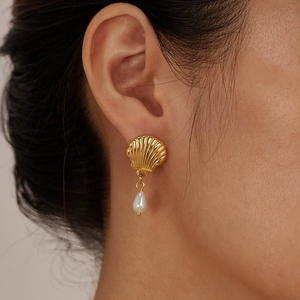 GE946 Creative Shell Glue Bead Dangle Design Stainless Steel 18k Gold Fashion Hoop <strong>Earings</strong> Women'<strong>s</strong> Jewelry for Women <strong>Girls</strong> Gift - Product Image 2