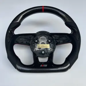 Factory Supply Carbon Fiber Steering Wheel For Audi 2017+ B9 S3 S4 S5 With Black Perforated Leather Carbon Thumb Red Ring