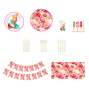 Juego de vajilla desechable con temática de flamencos DAMAI, platos de papel color morado claro para fiestas de verano en la playa, para 8 personas. - Product Image 5