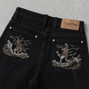 <span class=keywords><strong>Jeans</strong></span> Larghi da <span class=keywords><strong>Uomo</strong></span> Personalizzati OEM ODM, Pantaloni in Denim Neri con Ricami e Grafiche, Abbigliamento Streetwear su Misura - Product Image 2