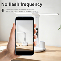 Lámpara de Mesa LED con Control Táctil, Portaplumas Doble, Reloj Digital, Plegable, Ajustable, Protección Ocular, Luz de Escritorio para Estudio u Oficina