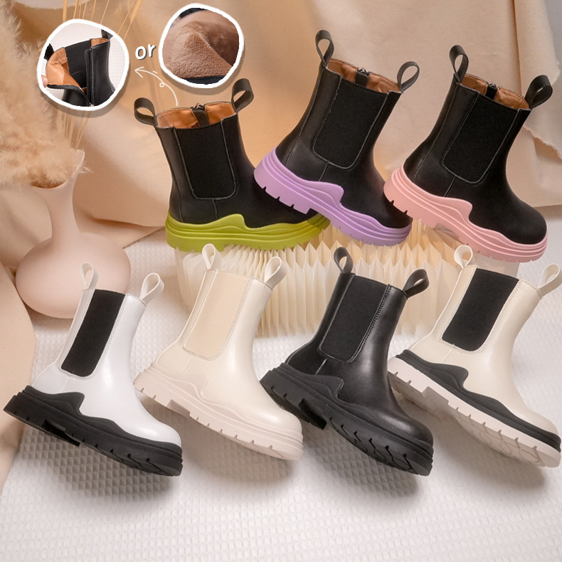 QC-Q1603 Microfiber leather shoes children's thick sole rubber chelsea boots candy color fall winter boy and girl's kids boots