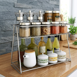 Étagère à épices à 2 niveaux en acier inoxydable, organisateur de rangement sur comptoir de cuisine - Product Image 5