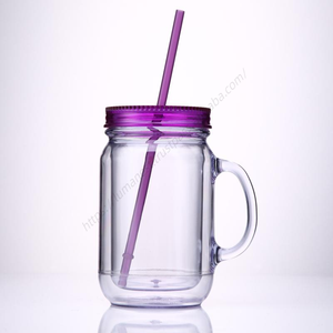 Venta al por mayor DD1888 Vaso de agua de 18 oz con asa, taza de plástico, botella para beber con burbujas, tarro Mason de doble pared con pajita y tapa - Product Image 1