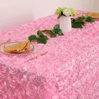 สีชมพู Rosette ผ้าปูโต๊ะสี่เหลี่ยมผืนผ้า Satin Overlay Rosette ผ้า3D ผ้าปูโต๊ะดอกไม้