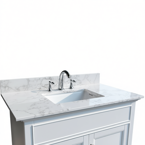 Plan de toilette de salle de bain 37 pouces en pierre de Carrare blanche avec lavabo en céramique à encastrer, style traditionnel, vasque rectangulaire - Product Image 1