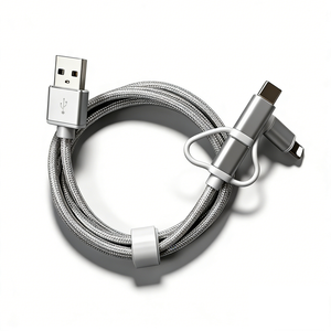 Cable de Carga <span class=keywords><strong>3</strong></span> en 1 de Alta Calidad de Shenzhen, 1m, Trenzado de Nailon Plateado, Tipo-<span class=keywords><strong>C</strong></span> + <span class=keywords><strong>Lightning</strong></span> + Micro <span class=keywords><strong>USB</strong></span> - Product Image 1