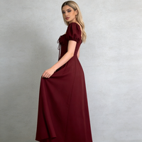 Robes pour femmes, style midi, décontractées, élégantes, pour les fêtes, les rendez-vous, le quotidien, en tissu tissé, coupe ajustée, col carré, manches bouffantes, détail de nœud, couleur bordeaux