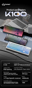 Free Wolf K100 Inalámbrico RGB Tres modos Teclado de mano mecánico PBT Grabado Keycap Juego Película Teclado - Product Image 6