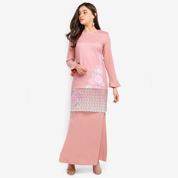 SIPO 말레이시아 Baju Kurung Women And Melayu 인쇄 핑크 유바 Kebaya Neckline