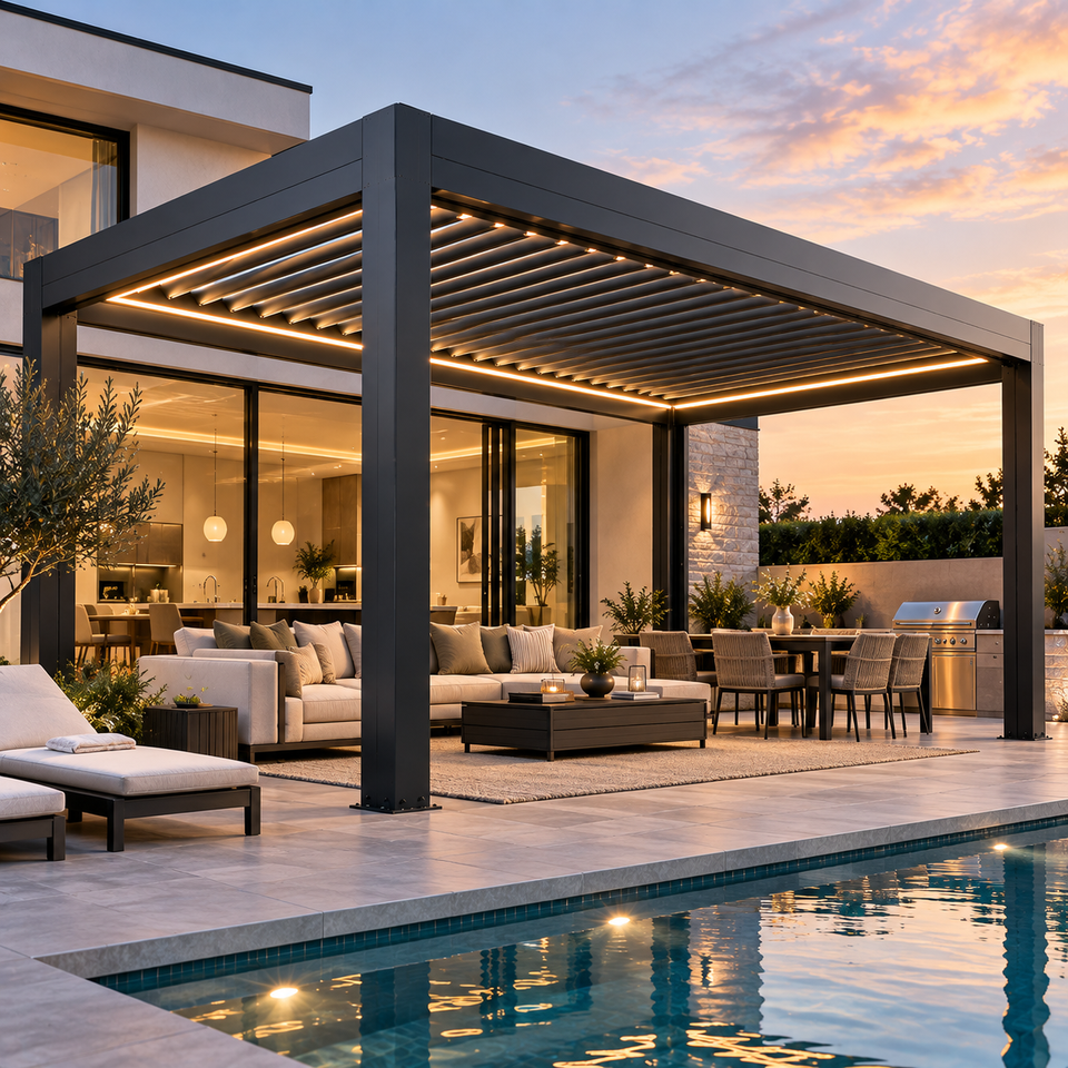 Luxury Motorized Aluminum Louvered Pergola for Villa Poolside Lounge ...