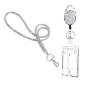 Cross-border white rhinestone-encrusted retractable <b>ID</b> tag <b>holder</b> with sparkly neck strap and lanyard, double-sided transparent - Product Image 1