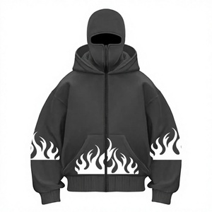 Sudadera con Capucha y Cremallera para Hombre, Blanca, Talla Grande, con Estampado de Llamas Negras, Bolsillo Delantero, Manga Regular, Tejido de Felpa, 100% Algodón - Product Image 3