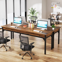 Bureau d'ordinateur extra long pour deux personnes avec 2 tiroirs, table de travail de direction en MDF avec espace pour imprimante, portable et réglable