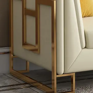 Sofá luxuoso de aço inoxidável dourado, sofá de couro de 3 lugares para móveis de sala de estar 1,2