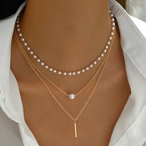 Kalung liontin wanita, rantai Tautan emas tiga lapis elegan dengan mutiara imitasi geometris Strip panjang liontin kalung untuk wanita - Product Image 6