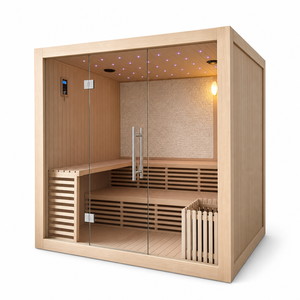 Sauna traditionnel en bois pour l'intérieur, 4-6 personnes, vapeur sèche, <span class=keywords><strong>avec</strong></span> murs en pierre et bancs en forme de L - Product Image 1