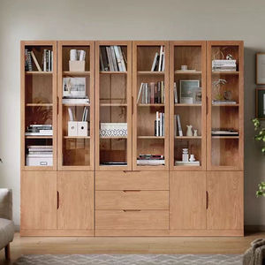Solid Oak Bookcase With Glass Display Shelf 5 Floors Floor Standing Storage Unit Modern Minimalist Office <b>Filing</b> Cabinet - Product Image 2