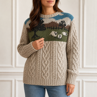 Pull en tricot intarsia personnalisé pour femme, col rond, couleur avoine, motif paysage de ferme, fabrication OEM ODM