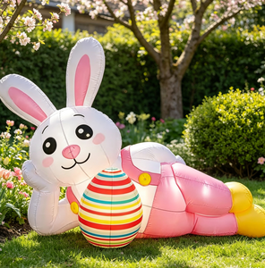 Lindo conejo de Pascua inflable acostado junto a un huevo colorido para jardín, patio, porche y decoración de temporada. - Product Image 5