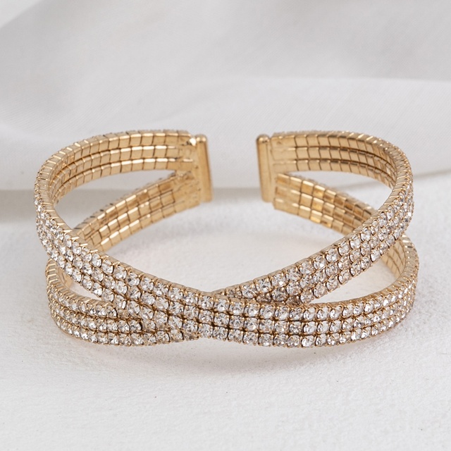 Women Fashion European American Foreign Trade Two-row Cross Rhinestone Claw Chain Gold Silver Cuff Bracelet