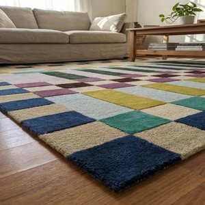 Modern Geometric Area Rug Color Block Checkered Pattern Handtufted Living Room Carpet Soft Contemporary Abstract <b>Floor</b> Decor Rug - Product Image 3