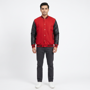 Custom Varsity <b>Jacket</b> Red Black Letterman Coat Cotton Body Stand Collar <b>Baseball</b> Style Bomber Casual Wear Printed - Product Image 1
