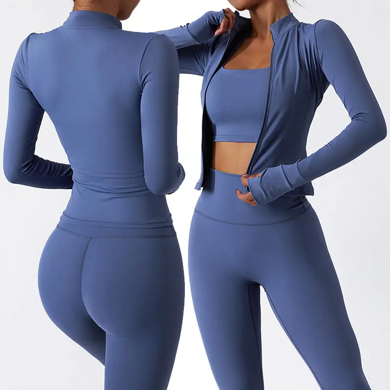 2023 lulu Butter Soft long Sleeve Yoga Sets Workout 3 Piece Yoga Set With Jacket Full Zip Fitness Yoga Sets