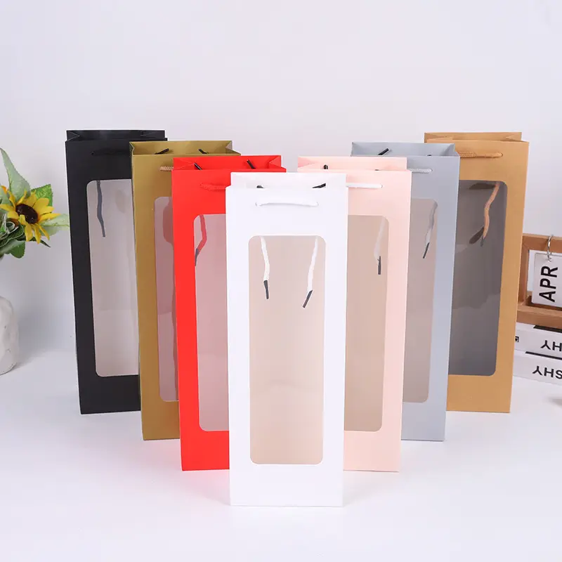 Bolsas de papel personalizadas con logotipo al por mayor blanco negro Rosa flor transparente bolsa de regalo bolsa de papel personalizada para vino embalaje