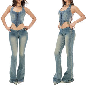 Pantalones vaqueros ajustados desgastados de cintura baja personalizados para mujer pantalones acampanados largos increíblemente hermosos con relación cintura-cadera - Product Image 3