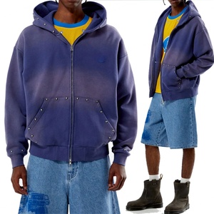Sweat à capuche zippé intégral Streetwear pour Hommes, avec logo personnalisé, clouté métallique, en molleton épais délavé effet vieilli, coupe oversize - Product Image 5