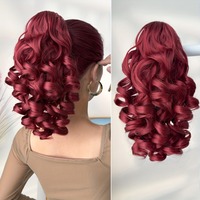 Extension de cheveux en queue de cheval multicolores en forme de griffe, marron foncé, rouge bordeaux, 14 pouces de long, bouclée ondulée, résistante à la chaleur