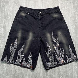 Shorts Amples en Coton Qianshi Style Rétro Décontracté Délavé à l'Acide, Shorts d'Été en Molleton Français pour Homme avec Strass Streetwear - Product Image 1
